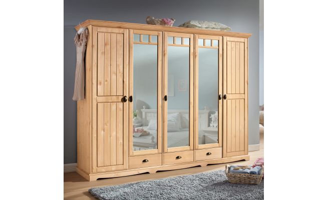 Dulap de dormitor Claudia din lemn de pin masiv natur, 251 cm latime - LunaHome.ro
