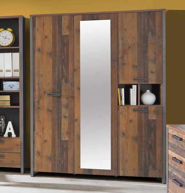 Dulap de dormitor Clif cu oglindă și 4 usi, aspect industrial 156 cm