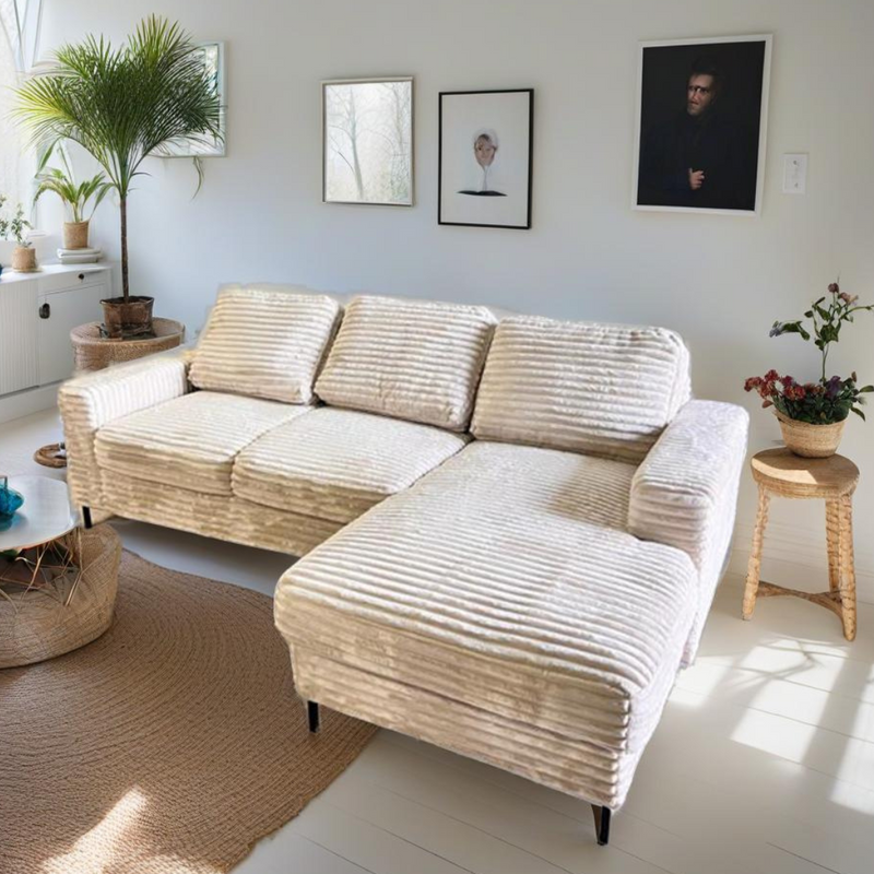 Colțar Lola Mala extensibil cu depozitare din pluș crem 240x145 cm - LunaHome.ro