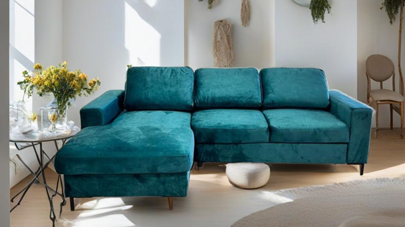 Colțar Lola Mala extensibil cu depozitare din catifea verde 240x145 cm - LunaHome.ro