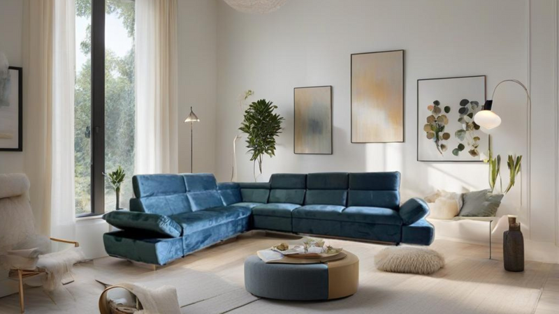 Colțar tapitat albastru Atlanta reversibil, extensibil, cu depozitare 340x270 cm - LunaHome.ro