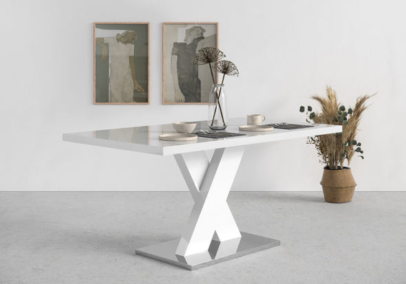 Masa de sufragerie »Ali«, latime 160 cm, alb lucios, placa de baza metalica
