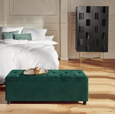 Bancheta Relaxy cu depozitare, din catifea verde 100 cm