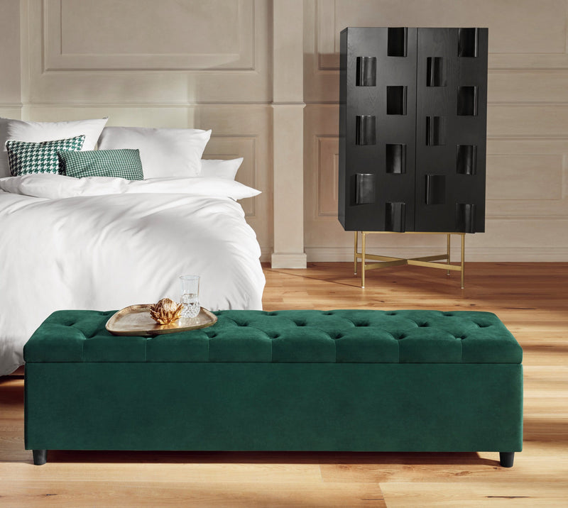 Bancheta Relaxy cu depozitare, din catifea verde 140 cm - LunaHome.ro