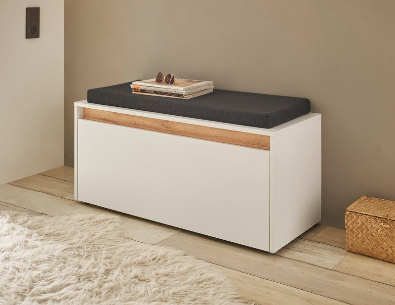 Bancheta de hol cu pernă City Giron alb cu detalii stejar 100 cm - LunaHome.ro