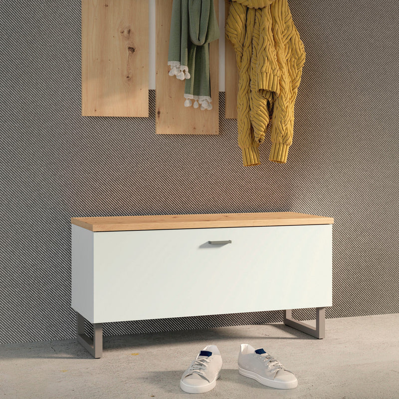 Banchetă de hol cu depozitare Forte alb/gri/stejar, 90 cm lățime - LunaHome.ro