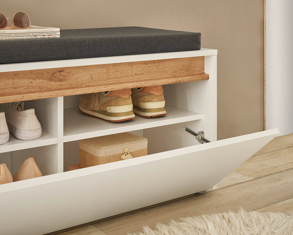 Bancheta de hol cu pernă City Giron alb cu detalii stejar 100 cm