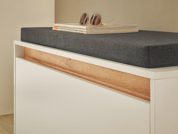 Bancheta de hol cu pernă City Giron alb cu detalii stejar 100 cm