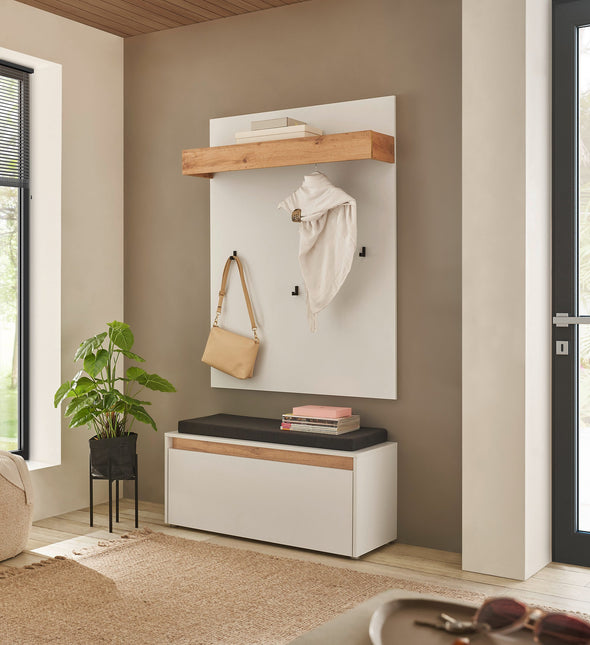 Bancheta de hol cu pernă City Giron alb cu detalii stejar 100 cm