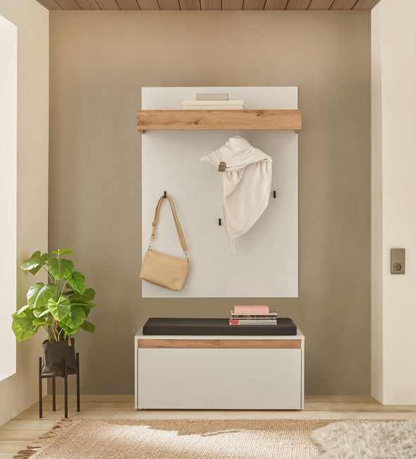 Bancheta de hol cu pernă City Giron alb cu detalii stejar 100 cm