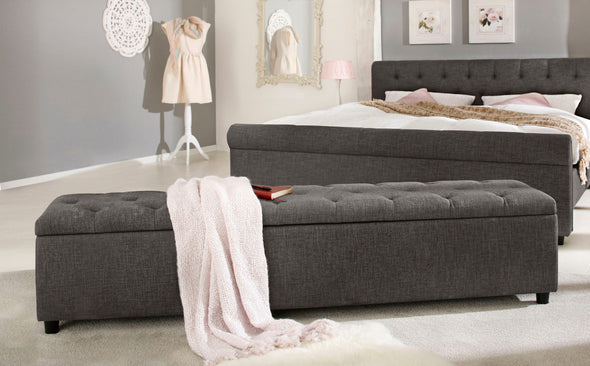 Bancheta tapitata Goronna, cu spatiu de depozitare, gri 180 cm