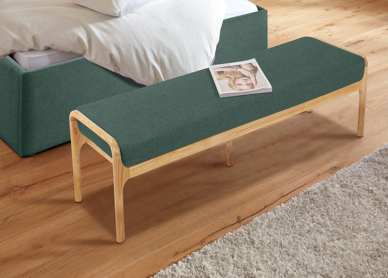 Bancheta tapitata Halma din lemn de frasin cu husă verde, 140 cm - LunaHome.ro