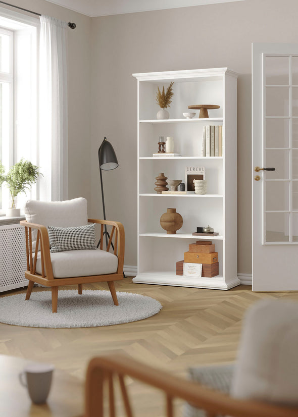 Bibliotecă albă Paris din Mdf cu frezari decorative 96 cm lățime