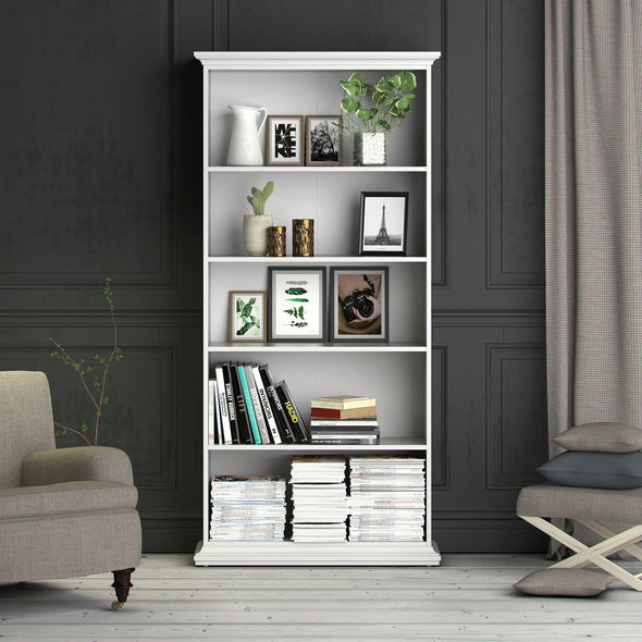 Bibliotecă albă Paris din Mdf cu frezari decorative 96 cm lățime