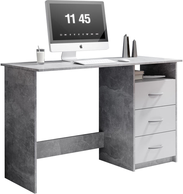 Birou Adria gri beton cu alb mat cu 3 sertare reversibilie 123 cm lățime