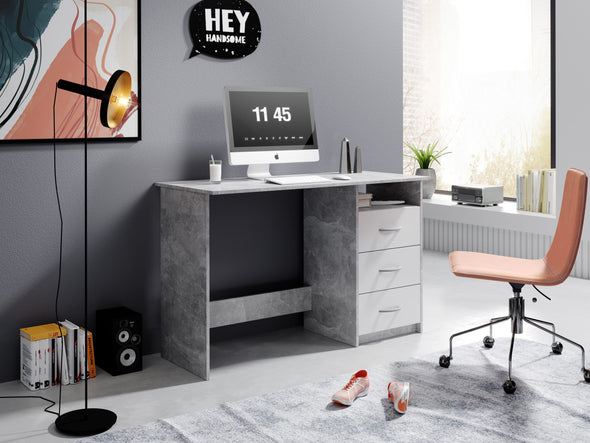 Birou Adria gri beton cu alb mat cu 3 sertare reversibilie 123 cm lățime
