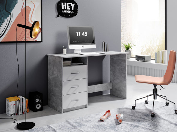 Birou Adria gri beton cu alb mat cu 3 sertare reversibilie 123 cm lățime