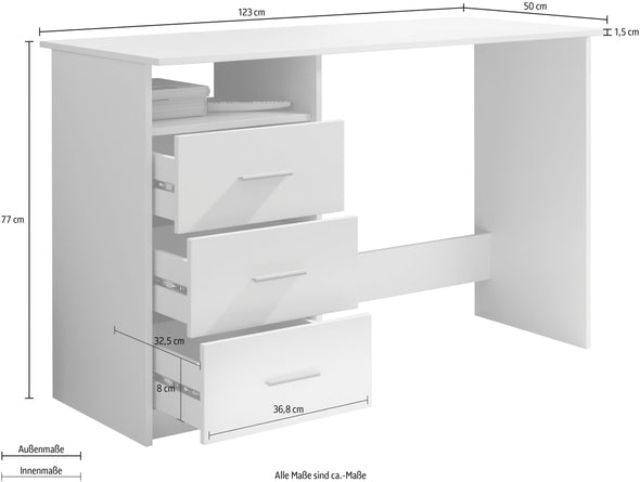 Birou Adria gri beton cu alb mat cu 3 sertare reversibilie 123 cm lățime