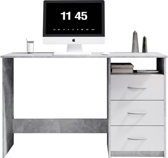 Birou Adria gri beton cu alb mat cu 3 sertare reversibilie 123 cm lățime