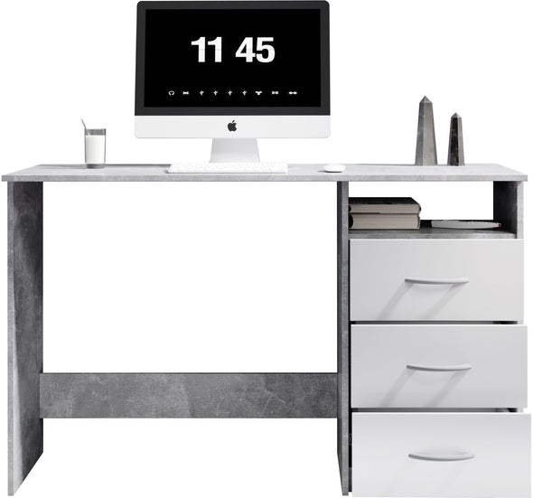 Birou Adria gri beton cu alb mat cu 3 sertare reversibilie 123 cm lățime