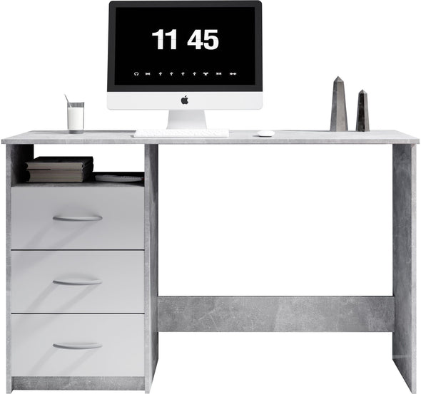 Birou Adria gri beton cu alb mat cu 3 sertare reversibilie 123 cm lățime