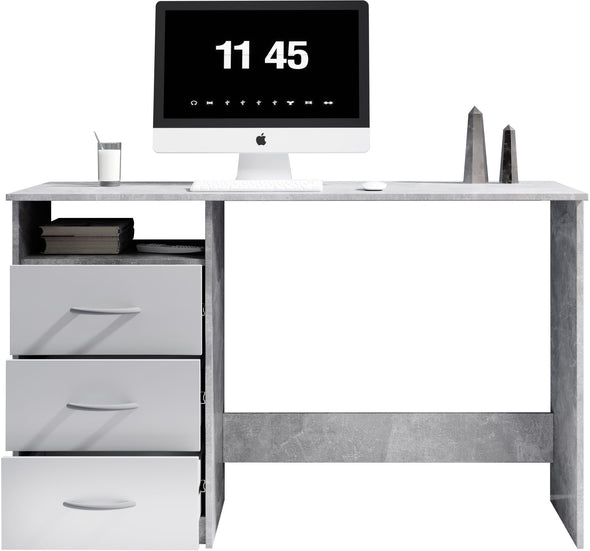 Birou Adria gri beton cu alb mat cu 3 sertare reversibilie 123 cm lățime