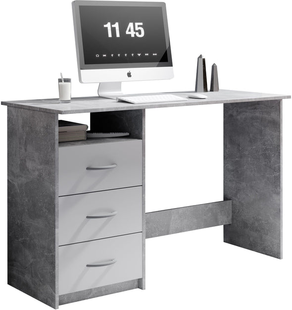 Birou Adria gri beton cu alb mat cu 3 sertare reversibilie 123 cm lățime