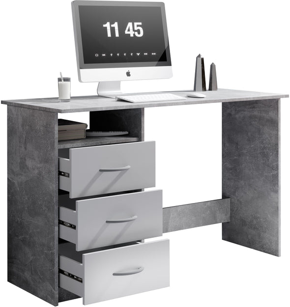Birou Adria gri beton cu alb mat cu 3 sertare reversibilie 123 cm lățime