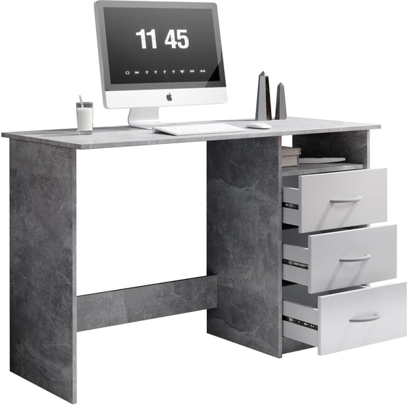 Birou Adria gri beton cu alb mat cu 3 sertare reversibilie 123 cm lățime