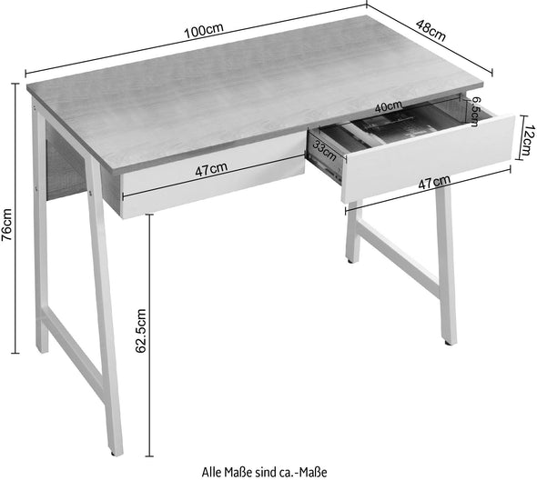 Birou Cowell cu 2 sertare cu cadru din metal alb, 100 cm lățime