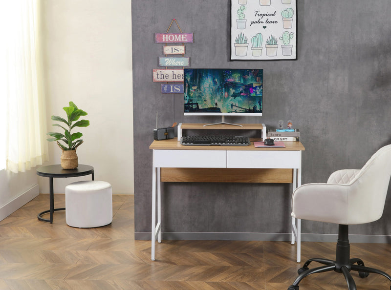 Birou Cowell cu 2 sertare cu cadru din metal alb, 100 cm lățime - LunaHome.ro