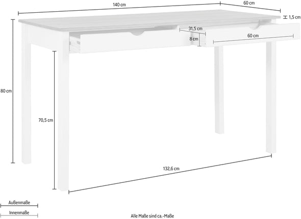 Birou Gava din lemn masiv de pin alb cu natur, 140 cm latime