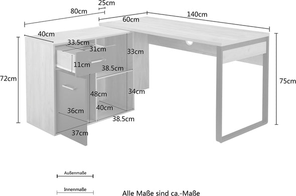 Birou Moid de colț cu comodă inclusă, 140 cm lungimea blatului - LunaHome.ro