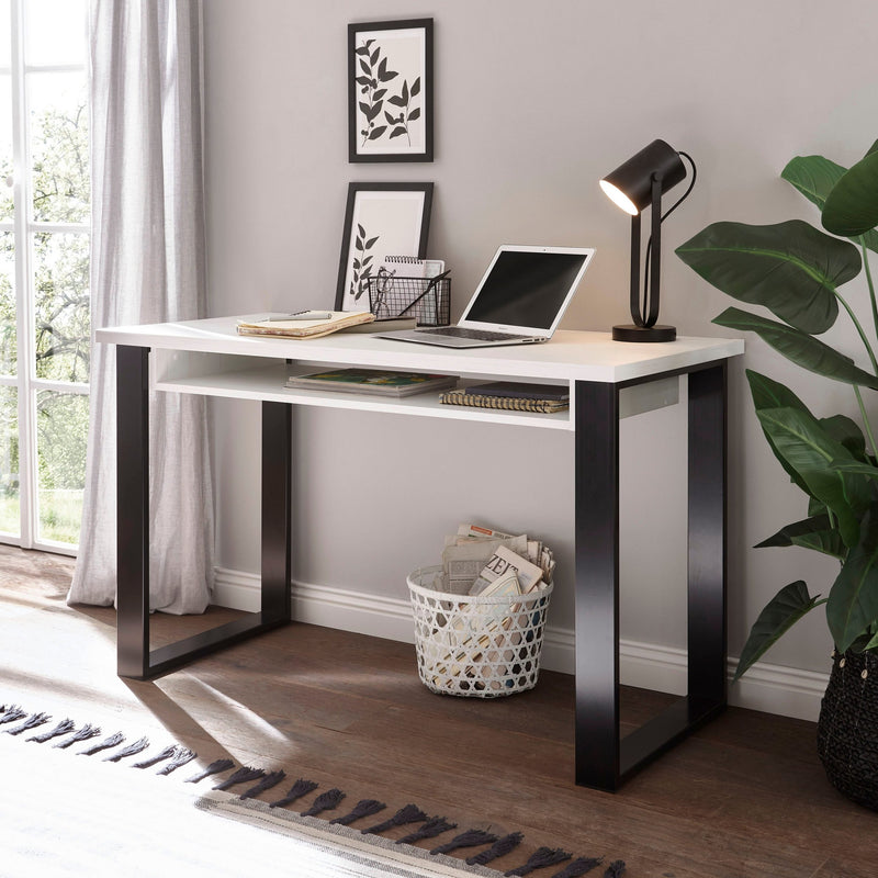 Birou Sherwood ALB cu aspect de lemn, design industrial, 125 cm lungime - LunaHome.ro