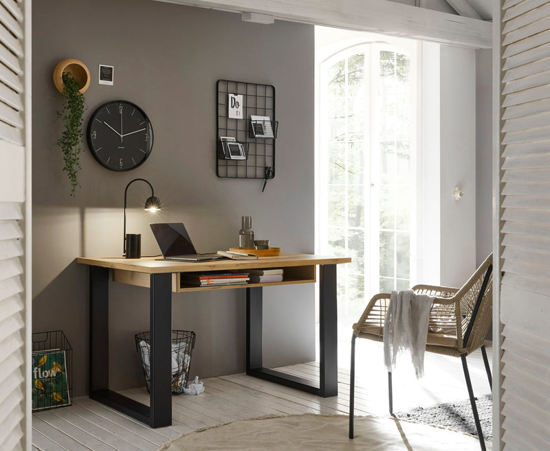 Birou Sherwood cu aspect de lemn, design industrial, 125 cm lungime - LunaHome.ro