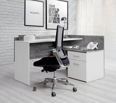 Birou de colț Forte alb cu gri beton cu depozitare 112x140 cm - LunaHome.ro