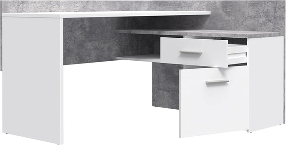 Birou de colț Forte alb cu gri beton cu depozitare 112x140 cm - LunaHome.ro
