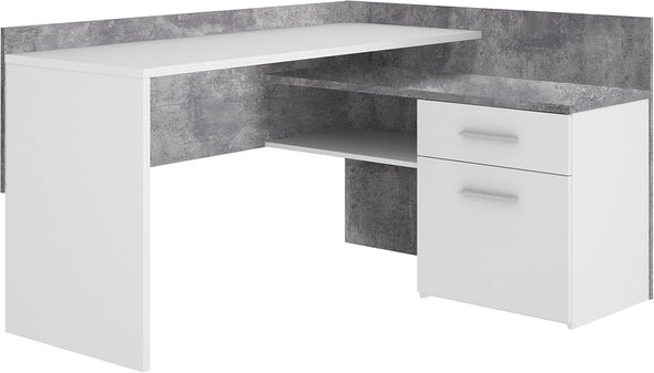Birou de colț Forte alb cu gri beton cu depozitare 112x140 cm - LunaHome.ro