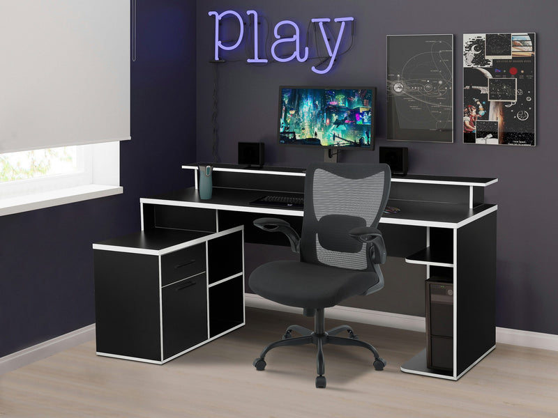 Birou de gaming pe colt cu compartimente negru cu alb 180x102 cm - LunaHome.ro
