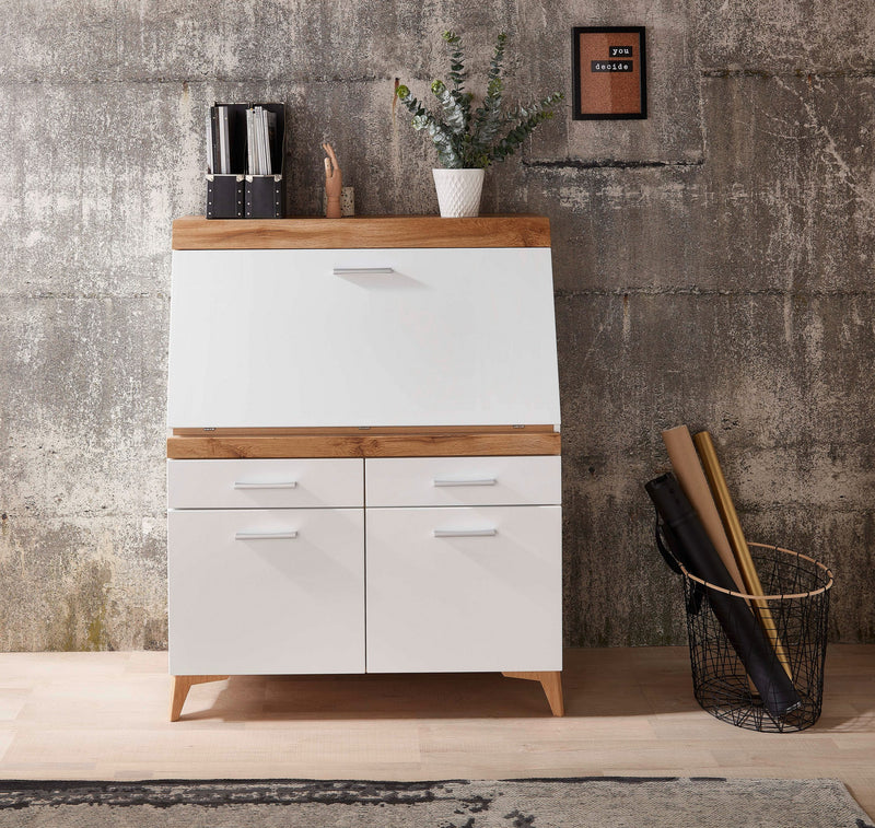 Birou tip secretaire Secret alb cu stejar, soft close 98 cm lățime - LunaHome.ro