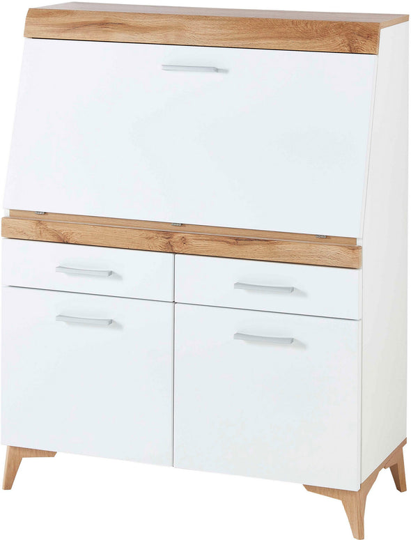 Birou tip secretaire Secret alb cu stejar, soft close 98 cm lățime