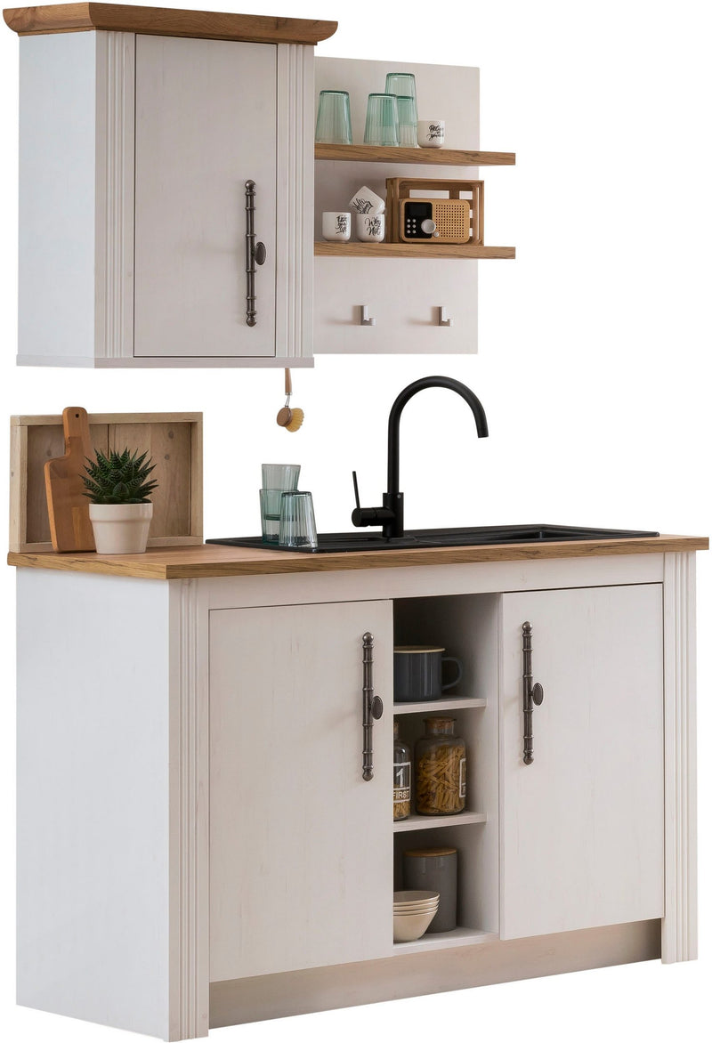Bucatarie chicineta Westminster alb cu aspect de lemn 130 cm - LunaHome.ro