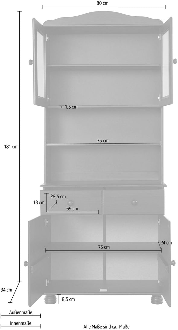 Bufet Mette din lemn de pin natur cu vitrina 80cm lățime