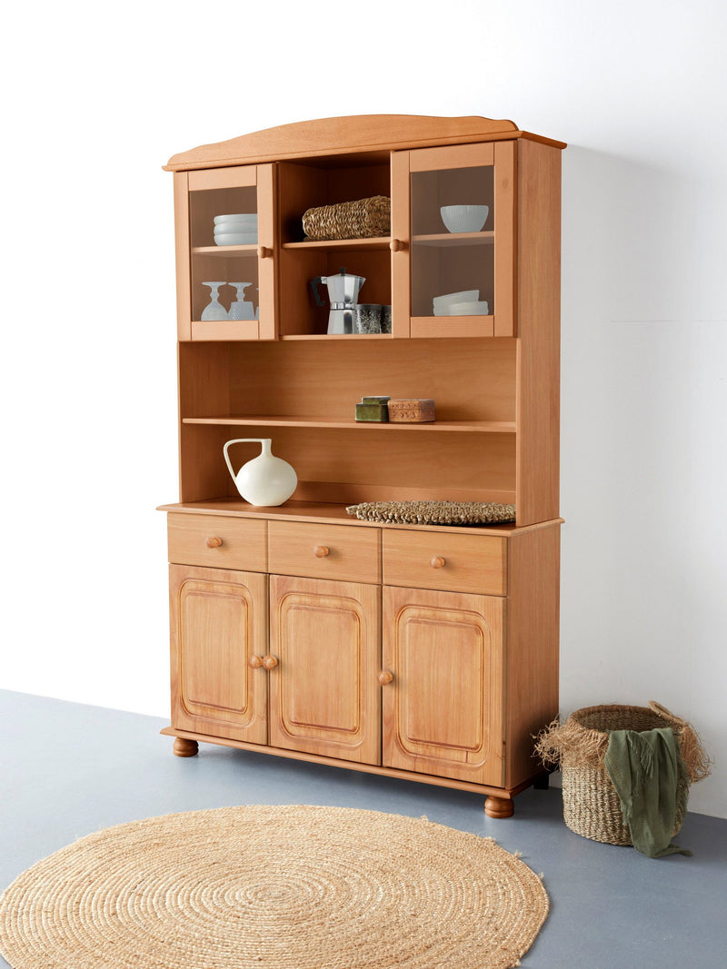 Bufet Mette din lemn de pin natur cu vitrina si blat 120 cm lățime - LunaHome.ro