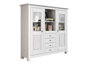 Bufet cu vitrina Rauna din lemn de pin alb rustic 146 cm lățime