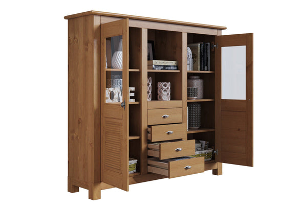 Bufet cu vitrina Rauna din lemn de pin natur 146 cm lățime