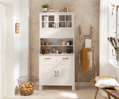 Bufet de bucatarie Alby din lemn de pin alb rustic, 85 cm lățime