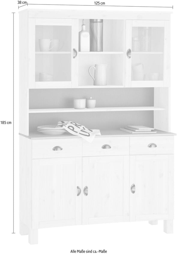 Bufet de bucătărie Oslo din lemn de pin alb rustic, 125 cm lățime - LunaHome.ro