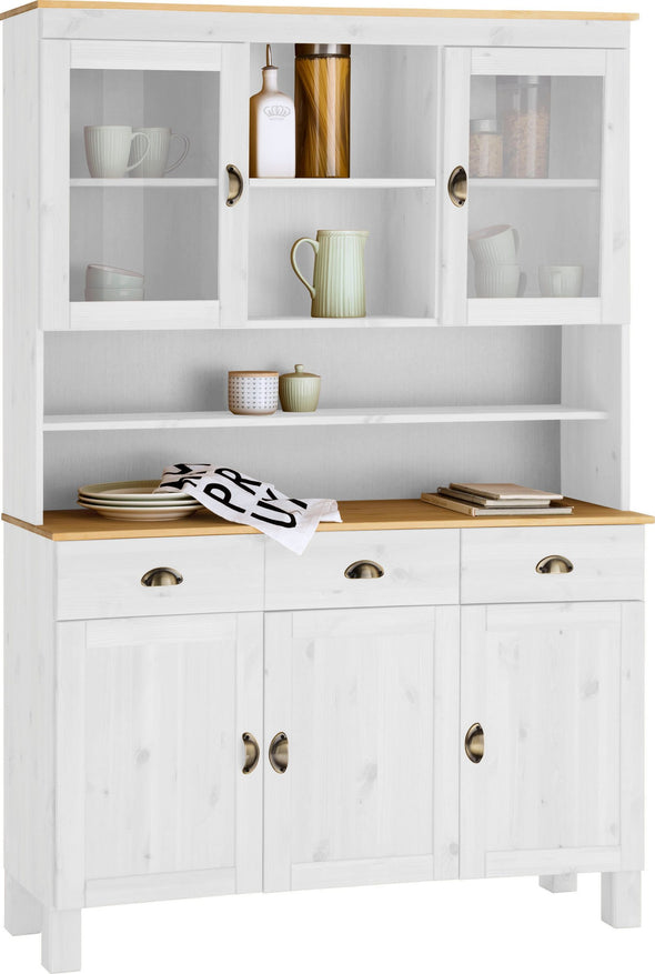Bufet de bucătărie Oslo din lemn de pin alb rustic, 125 cm lățime - LunaHome.ro