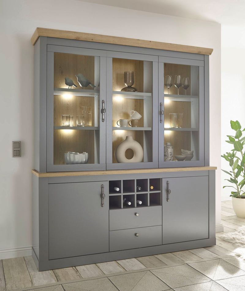 Bufet gri Chambord cu vitrina si suport de vinuri 183 cm lățime - LunaHome.ro